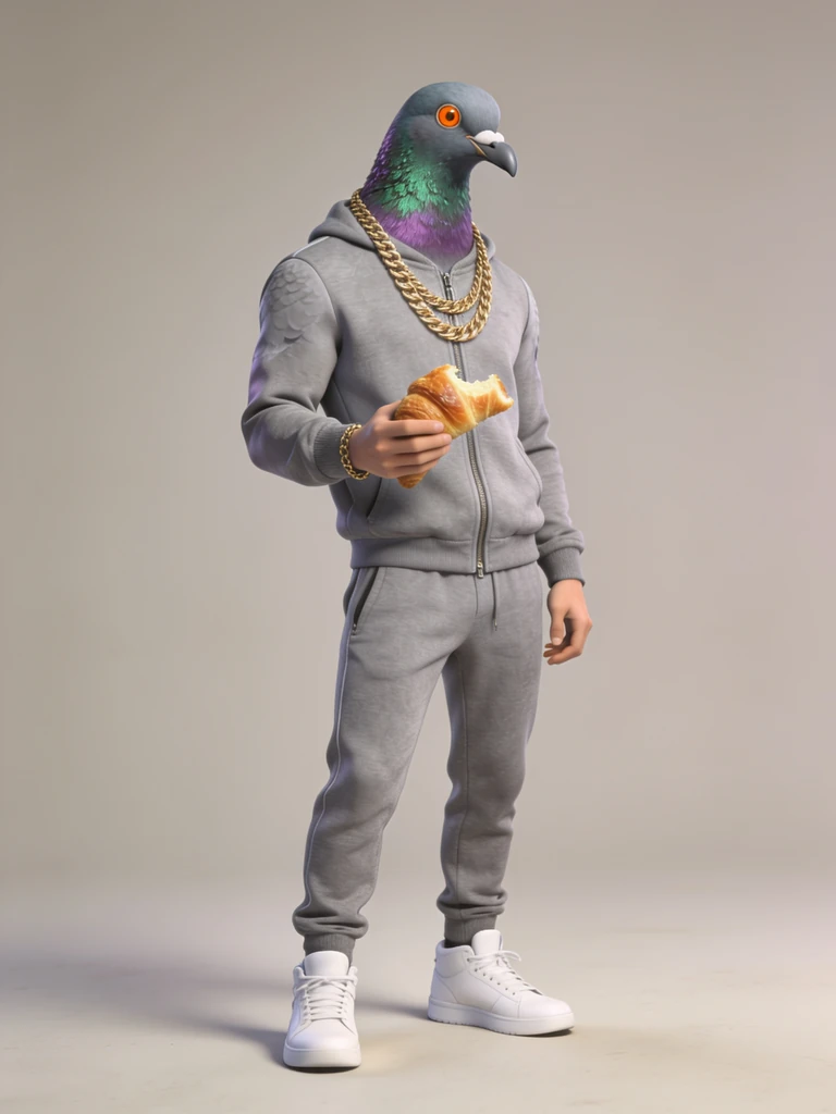 AI character: pigeon in a grey tracksuit. Not a real person.
