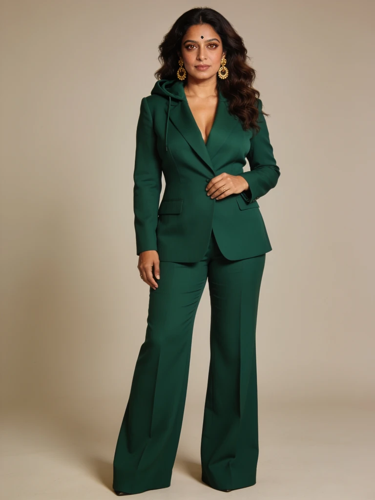 AI character: woman in a green suit. Not a real person.