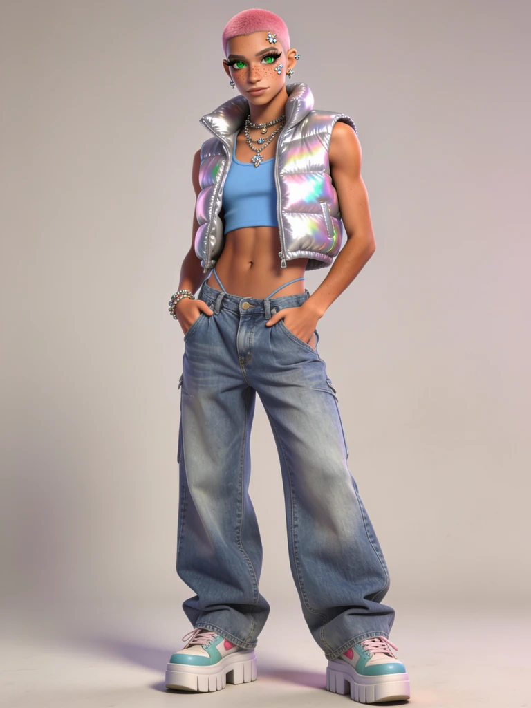 AI character: pink buzz cut, holographic puffer vest. Not a real person.